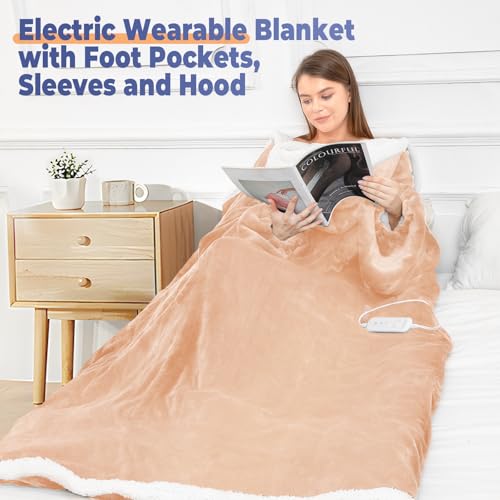 Wearable Heated Blanket with Foot Pocket, Electric Wearable Throw Blanket with Sleeves, Hood, Portable Heated Blanket with 8 Heat Settings, 1-10 Hours Auto Shut-off, Gift for Family, Friends, 50*70" - color: Beige