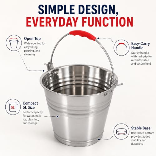 Healeved 5L Stainless Steel Bucket with Handle 9.4-Inch Round Pail | Red Grip Handle, For Ice Chilling, Beverage Service, Kitchen Carrying and Outdoor Utility Use