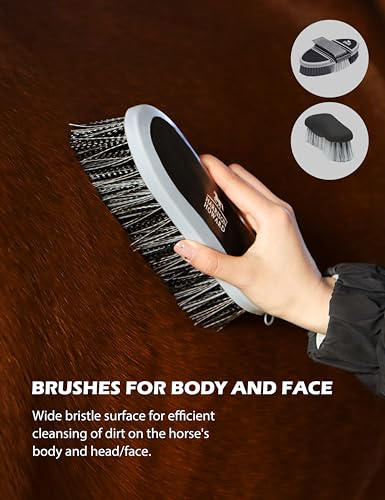 Harrison Howard Complete Horse Grooming Set, 11-Piece Advanced Daily Grooming Tools with Extra Brushes for Full Horse Care Black Brushstroke Ponies - color: Black