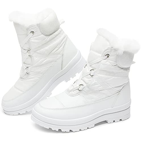 BABUDOG Womens Warm Fur Lined Mid-Calf Boots Waterproof Winter Snow Boots Non-slip Lace up Combat Boots - color: White, size: 9.5