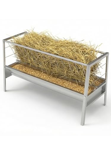 59" L Goat Hay Feeder 90 Gallon Large Capacity, Stainless Steel 2-in-1 Hay & Grain Feeder for Goats, Sheep, Horses | Freestanding Outdoor Farm Livestock Feeder, Easy Assembly