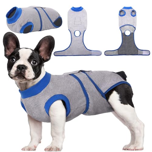 Kuoser Recovery Suit for Dogs Cats, Soft Dog Surgery Suit Female Male Spay | Professional Dog Onesie for Surgery, Substitute E-Collar & Cone, Prevent Licking Dog surgical suit Pet Neuter Suit - color: GreyBlue, size: X-small (Back:8.3-11.4'', Weight:4-7 L