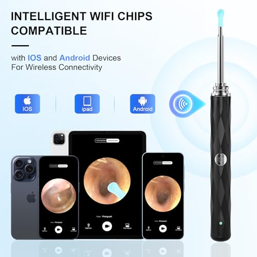 High-Definition Ear Wax Removal, Wireless Ear Cleaner, Safe and Gentle Ear Wax Removal Kit, Rechargeable Ear Cleaner with Camera and Light, Ear Cleaning Kit for Android and iOS (Black) - color: Black