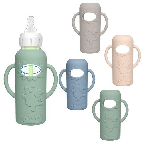 4 Pack Silicone Sleeves for Dr. Brown's Glass Baby Bottles -Drop Protection Easy-Grip Baby Bottle Sleeves Holder with Handles, Compatible with Dr. Brown's Newborn Glass Bottles 8 oz/250 mL - color: Green 4 Pack 8OZ