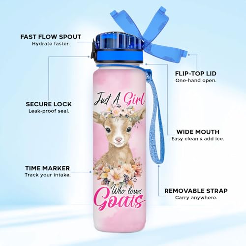 Just A Girl Who Loves Goats 32oz Water Bottle with Time Marker, Cute Funny Goat Farm Animal Gift for Women, Leakproof Lid with Strap, Daily Motivation Hydration Bottle - color: Goat