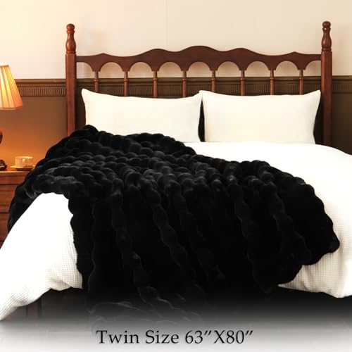 BENVWE Faux Fur Throw Blanket for Couch Bed - Fluffy Soft Thick Bubble Blanket for Living Room Home Decor - Fathers Day Birthday Gifts for Women Men, Black, 60" x 80" - color: Black, size: Twin(60" x 80")