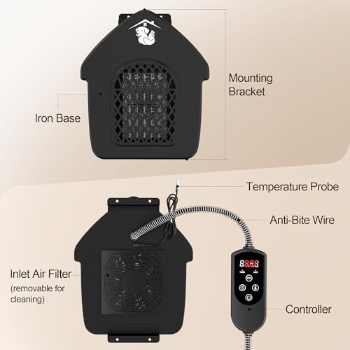 Dog House Heater with Thermostat, Outdoor Pet Heater with Anti-Bite Cord, Chicken Coop Heater, Wall-Mounted Heater for Dog House Outdoor, Suitable for Dogs Cats Chickens Hamsters