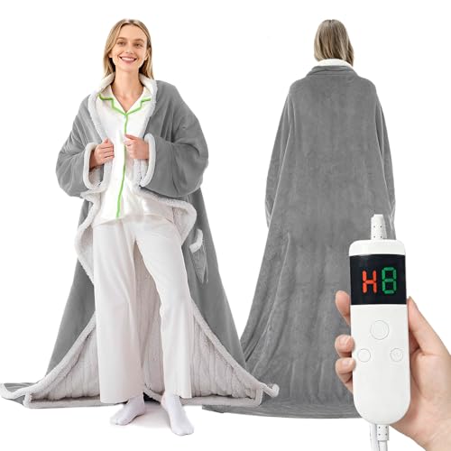 Wearable Heated Blanket With Sleeves & Foot Pocket, Heated Throw Blankets Fast Heating Blanket With 10 Heat Settings Auto Shut Off Over-Heat Protection-Warm Gift, Machine Washable, 52”*72”+18” - color: Light Gray