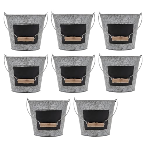 Hosley Galvanized Metal Chalkboard Bucket with Wooden Handle 7 Inch Dia – Set of 8 Rustic Farmhouse Floral Planter, Ideal for Home Décor, Office, Party, Wedding, Indoor, Outdoor or Tabletop Décor - size: 8 count