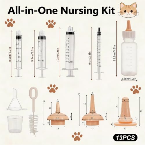 Kitten Bottle Feeding Kit, with Kitten Feeding Syringe, Includes Nipples and Formula Dispenser, Ideal for Newborn Kittens and Small Animals