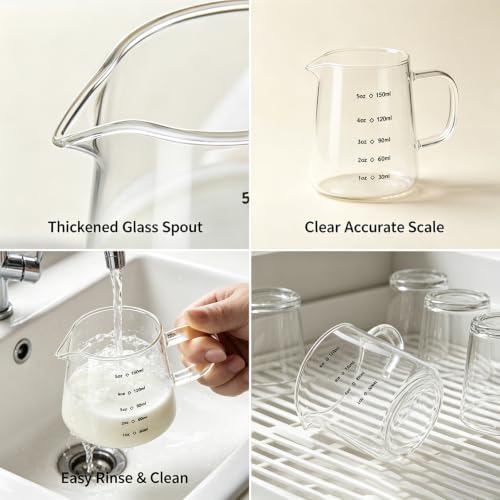 150ml/250ml High Borosilicate Glass Measuring Creamer Pitcher with Scale, Clear Glass Milk Cup for Coffee, Espresso, Milk, Baking and Kitchen