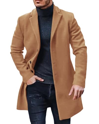 PASLTER Mens Trench Coat Slim Fit Mid Length Pea Coat Winter Overcoat | Notched Collar,Single Breasted,Warm Peacoat Jacket,Soft Mens Dress Coat,Fall Winter Mens Trench Coat Long - color: Khaki, size: Large