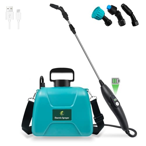 1.35 Gallon Battery Powered Sprayer, Electric Pump Sprayer in Lawn & Garden | USB Rechargeable Handle, 3 Mist Nozzles, Retractable Wand, Yard Sprayers with Adjustable Shoulder Strap for Yard, Garden - color: Blue-green, size: 1.35 Gallon