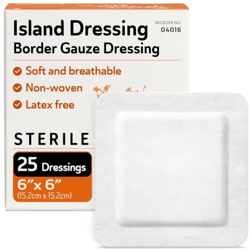 Bordered Gauze Island Dressing 6x6-25 Large Adhesive Bandages for Wound Protection - Good for Hospitals, Medical Facilities, First Aid Kits, and More - style: 6x6