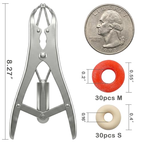Goat Banding Kit, Livestock Castration Bander with Stainless Steel Expander Pliers, 60Pcs 2 Sizes Castrator Rings and Ring Installation Tool for Goats, Lambs, Calves, Sheep, Piglets - style: Pliers，30-S, 30-M