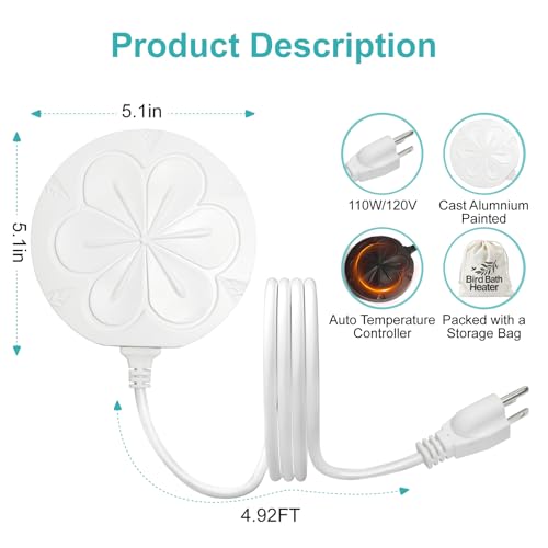 110W Bird Bath Heater for Outdoors in Winter, Submergible Cast Aluminum Chicken Water Heater with Thermostatically Controlled Bird Bath Deicer Pond Deicer for Livestock - color: WHITE