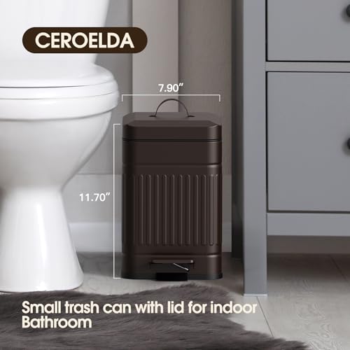 CEROELDA Small Trash Can with Lid-5L/1.3 Gal,Stainless Steel Outdoor Dog Poop Garbage Can-Farmhouse Retro Metal Waste Bin w/Step Pedal for Bathroom Bedroom Office-Soft Close-Brown - color: Brown