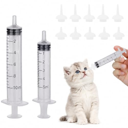 Pet Feeding Syringe with Silicone Nipples | Kitten Syringe for Feeding Newborn Kittens, Puppies, Rabbits and Small Animals (5ml+10ml +10 Silicone Nipples) - color: White