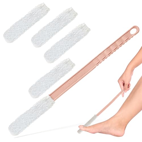 Burlingham's Toe and Foot Towel Brush with Reusable Drying Covers Long 17” Handle for Cleaning Between Toes, Soft Skin Exfoliation,for Seniors, Adults, or Kids, 5 Washable Cloth (Pink) - color: Pink