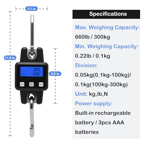 660lbs Digital Hanging Scale Type-C Rechargeable – High Precision Handheld Mini Crane Scale with S-Hook, Fishing Scale for Farm, Fishing, Hunting