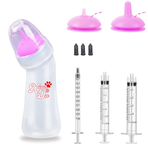 Pet Feeding Bottle and Syringes, 3 Sizes Nipples with Ventilation Valve Resistant Tearing Perfect for Puppies, Kittens, Small Wildlife (Pink) - color: Pink