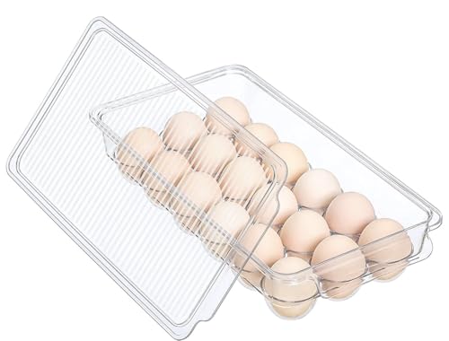 Egg Holder for fridge with Lid, Clear Plastic Egg Storage Container Refrigerator Organizer Bins, Stackable Tray Holds 18 Eggs Trays Storage (1 pack, 18 Eggs)