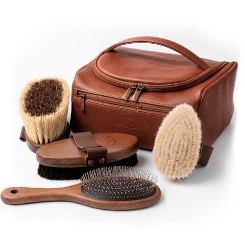 Premium Horse Brushes Set (4 Pieces) - Essential Equine Care Set with Beechwood Brushes, Natural Bristles, and Handcrafted Leather Bag - Luxury Gift for Horse Riders and Owners