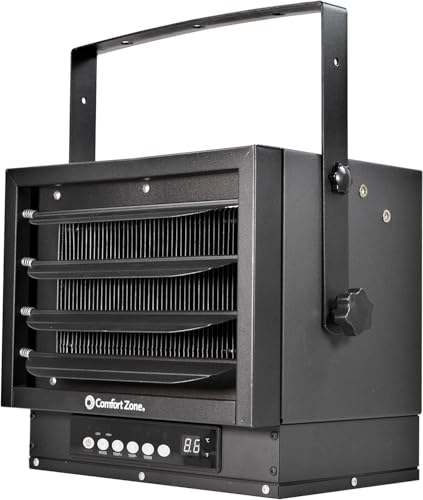 Comfort Zone Hard-Wired Ceiling Mount Garage Space Heater with Remote, 7,500 Watt, 240 Volt, Fan-Forced, Overheat Protection, Digital Thermostat, 12-Hour Timer, Ideal for Garage & Workshop, CZ230ERBK | Digital thermostat, 12-hour timer, and remote control