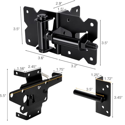 Self Closing Gate Hinge and Latch Kit for Wooden/Vinyl Fence Gate | Heavy Duty Rust Proof Gate Hardware Kit ,2 Adjustable Self Closing Hinges & 1 Post Mount Self Locking Gate Latch (Black)