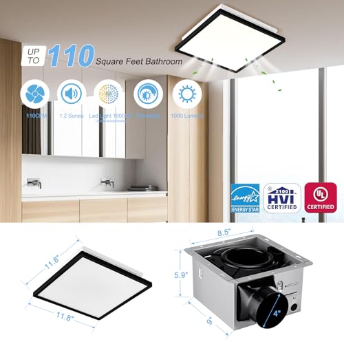 Tech Drive Bathroom Fan with Light,110CFM,4 Inch Duct,Modern Black Trim | 1000lm Dimmable 5CCT LED Light with Night Light Selectable, Quiet HVI and Energy Star Certified, Easy to Install - size: 110CFM with 3CCT Light (Black)