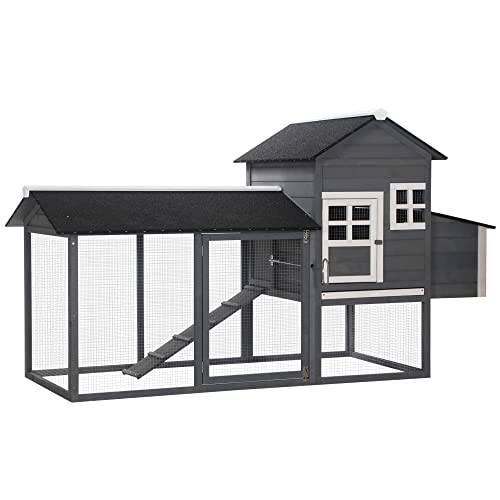 PawHut 84" Wooden Chicken Coop with Run Nesting Box for 2-3 Chickens Gray | Hen House Outdoor, Asphalt Roof, Removable Tray, Ramp, Poultry Cage - color: Gray