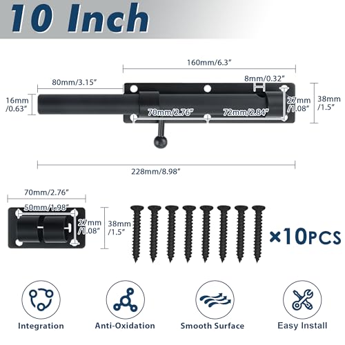 Alise 10 inch Barrel Bolt Latch,Black Heavy Duty Slide Lock for Barn Door | SUS304 Stainless Steel Padlock-Style Slide Bolt Latch,Security Gate Latch for Wooden Fence,Interior or Outdoor Door - color: Black, size: 10 Inch