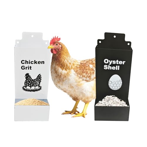 Automatic Chicken Oyster Shell and Grit Feeder, Spill-Proof Hanging Gravity Poultry Feeding Equipment, Metal Chicken Feeder 2Pack (Black & Red) (Black and White)