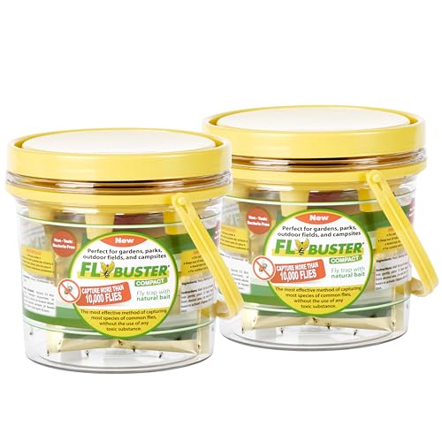 Flybuster Fly Trap | Outdoor Device for Catching Flies | 1-Liter Compact Size (2-Pack) | Comes with Two Flytraps and 2 Bait Packets | 10,000 Fly Capacity | Non-Toxic | Child & Pet Safe