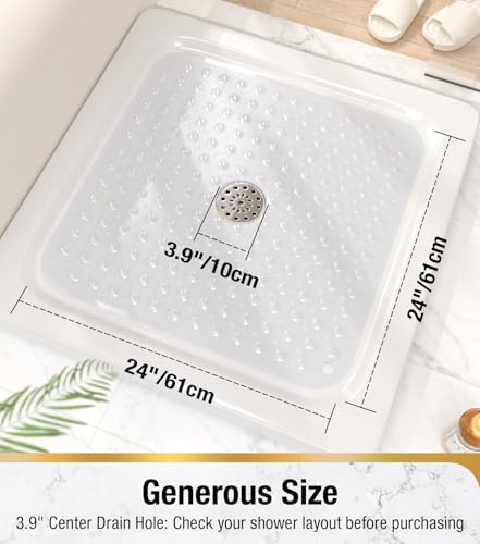 HITSLAM Square Shower Mat, Non Slip PVC Stall Mat, 24"x24", Clear | Power Grip Suction Cups, Center Drain Hole, Built-In Hanging Holes, Machine Washable Bathroom Floor Mat, Soft On Feet - color: Crystal Clear