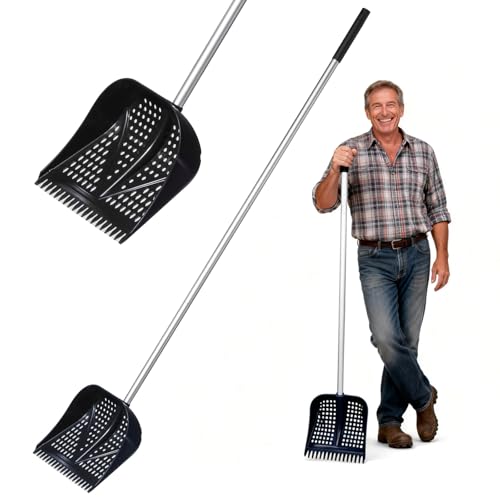11.8inch Heavy Large 2-in-1 Chicken Poop Scooper & Rake,Adjustable Aluminum Handle（20–61"） Chicken Coop Scoop– Litter Scoop Sand & Sifting Shovel for Chicken Coops Shoveling Snow(Black) - color: Black