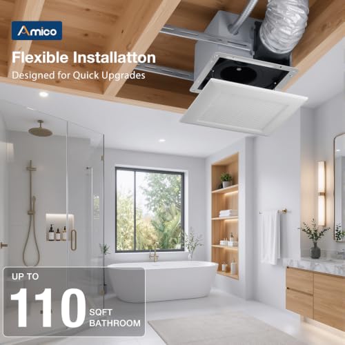 Amico Bathroom Exhaust Fan, 110 CFM, 1.0 Sones, Low Noise, ETL & FCC | Ceiling Opening 9.4 ''x 9.4'', Household Bath Ventilation Fans, Ceiling Mounted, No Attic Access Needed - size: 110 CFM (No Light)