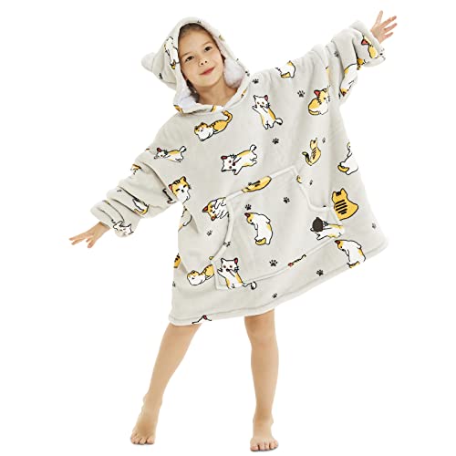 THREE POODLE Wearable Blanket Hoodie for Kids, Oversized Sherpa Sweatshirt Blanket with Giant Hood, Warm Cozy Cat Hooded Blanket, Cute Gifts for Kids Girls Boys - color: Cat, size: Kids
