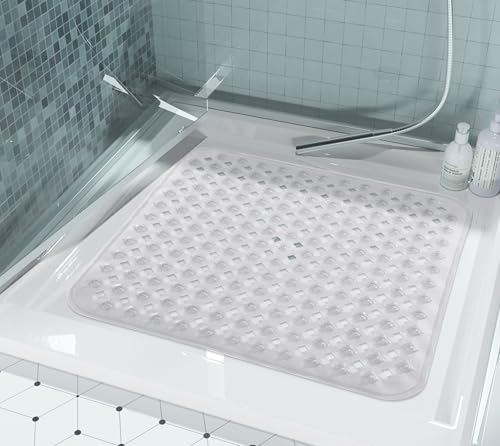 Yimobra Square Shower Mat Non Slip, Super Strong Suction Cups, 21"X21" Bath Tub Mat with Drain Holes, Machine Washable Fast Draining Bath Mats, Bathroom Essentials,Clear - color: Clear, size: 21 X 21 Inch