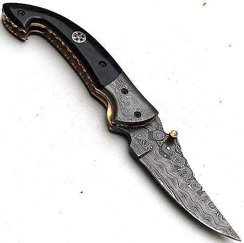 Poshland Limited Edition - FNA-32 Custom Handmade Damascus Steel Folding Knife - Beautiful Camel Bone Handle with Damascus Steel Bolsters (Black Bone) - color: Black Bone