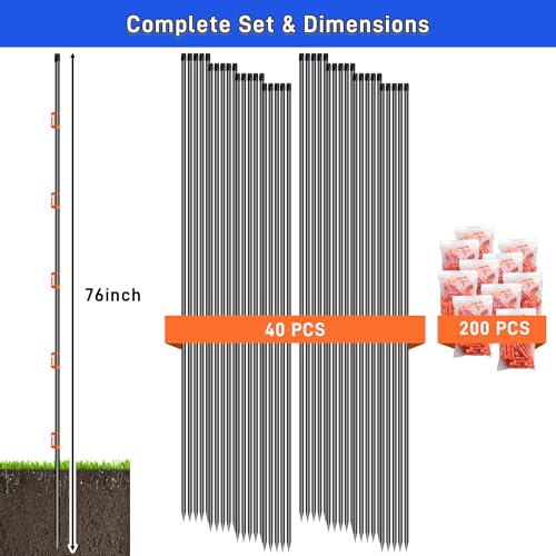 76Inch Electric Fence Posts 40Pack, Fiberglass Fence Post with 200 Adjustable Clips for Garden, Step-in Temporary Fence Stakes for Patio Yard Farm, Glass Fiber Fencing for Livestock Horse Cattle - size: 76 Inch