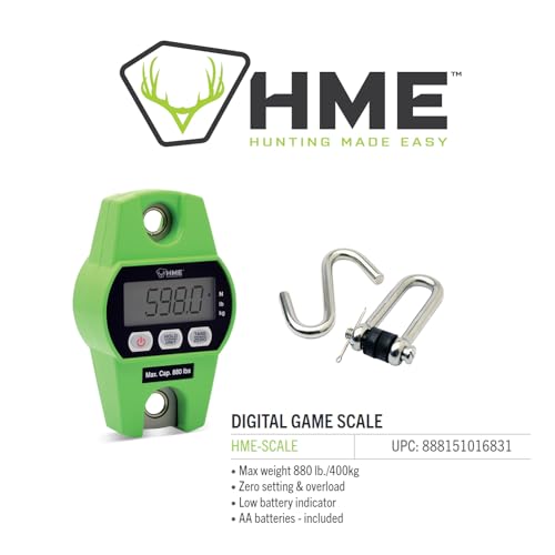 HME Durable Versatile Hunting Digital Hanging Scale w/Tare Function - 400 Kg/880 lb Max Weight, 2 Batteries Included, Iron Hook, Mode Function N/lb/kg