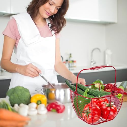 2 PCS Wire Egg Baskets for Gathering Fresh Eggs with Handle 7 Inch Red Square Metal Chicken Duck Eggs Collecting Countertop Basket Egg Holder Farmhouse Fruit Storage Container