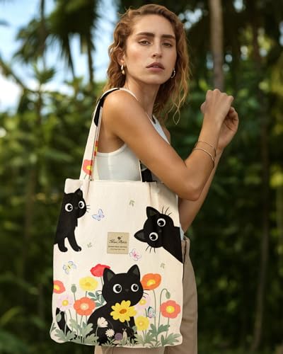 Miss Adola Corduroy Tote Bag for Women with Aesthetic Design | Magnetic Buckle & Pocket, Reusable, Soft, Roomy, Long Shoulder Handles, Double-sided Print, Casual Daily Work, Grocery Bags - color: Three Cats, size: Large