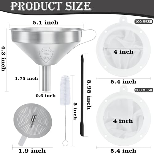 Kitchen Bottling Funnel, 5-inch 304 Stainless Steel Funnel | Funnel with Filter for Conveying Oil,Juice, Wine and Milk, Equipped with Silicone Scraper and 100 Mesh 200 Mesh Filter