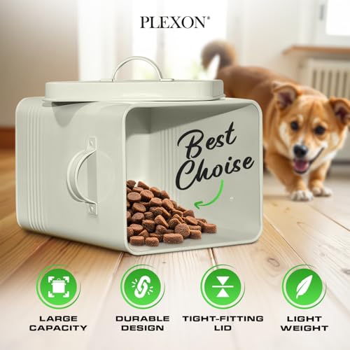 Plexon Metal Dog Food Storage Container with Scoop - Small Dog Food Container Holder Treat Jar Bin with Lid - Pet Chow Storage Canister Tin, 1.5 Gallon, 7 lbs, Off-White - color: Off-white, 1.5 Gall Capacity