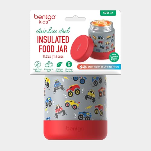 Bentgo Kids Stainless Steel Leak-Proof Food Jar for Hot or Cold Food | 11 fl oz Double Insulated Container with Removable Silicone Bumper, Dishwasher Safe, Easy Open Lid, Ages 3+ (Trucks) - color: Trucks