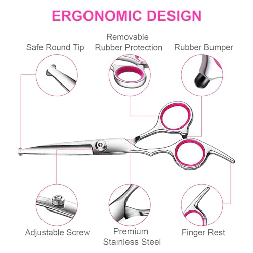 TINMARDA Dog Grooming Kit, Professional Stainless Steel Dog Grooming Scissors with Curved Shears, Pink Finger Rings - 4 Piece Sharp Durable Pet Shears for Dogs Cats At Home Salon-Quality Grooming - color: Pink, size: 4 Piece