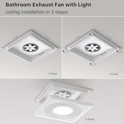 Bathroom Exhaust Fan with Light 165CFM Quiet 1.2 Sones | Ventilation Fan with 3CCT 1400lm LED Light Ceiling Cutout 9.84"x9.84" including Expandable Kit for Bathroom Laundry - color: 6550k Pure White