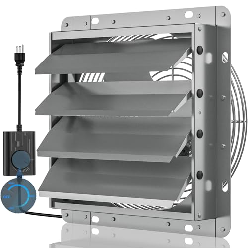 Hon&Guan 14 Inch Shutter Exhaust Fan with Stepless Speed Controller, 882 CFM High Airflow, 1600 RPM Wall Vent Fan, Automatic Gravity Shutters, Easy Install for Garage, Shed & Greenhouse, Gunmetal Gray - color: Gray, size: 14 Inch